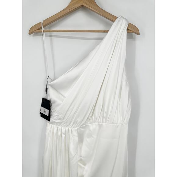 Ieena for Mac Duggal One Shoulder Draped Dress Satin Maxi Long Formal Gown White - Picture 10 of 16